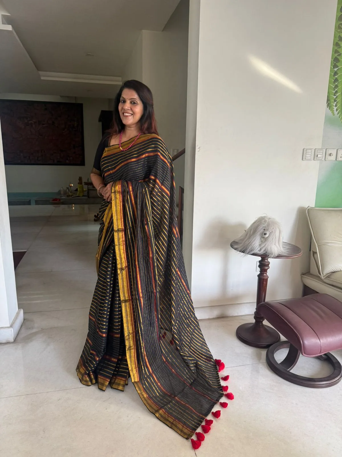 Black & Gold Stripe Mul Mul Cotton Saree