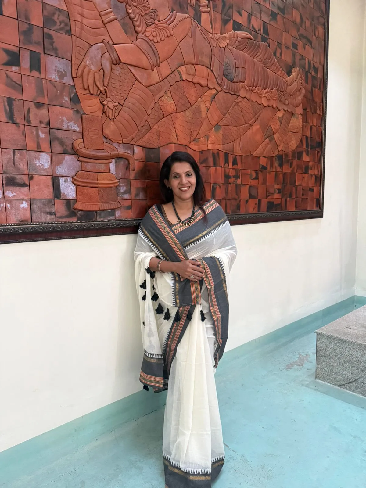 Ivory Mul Mul Cotton Saree with Black Border
